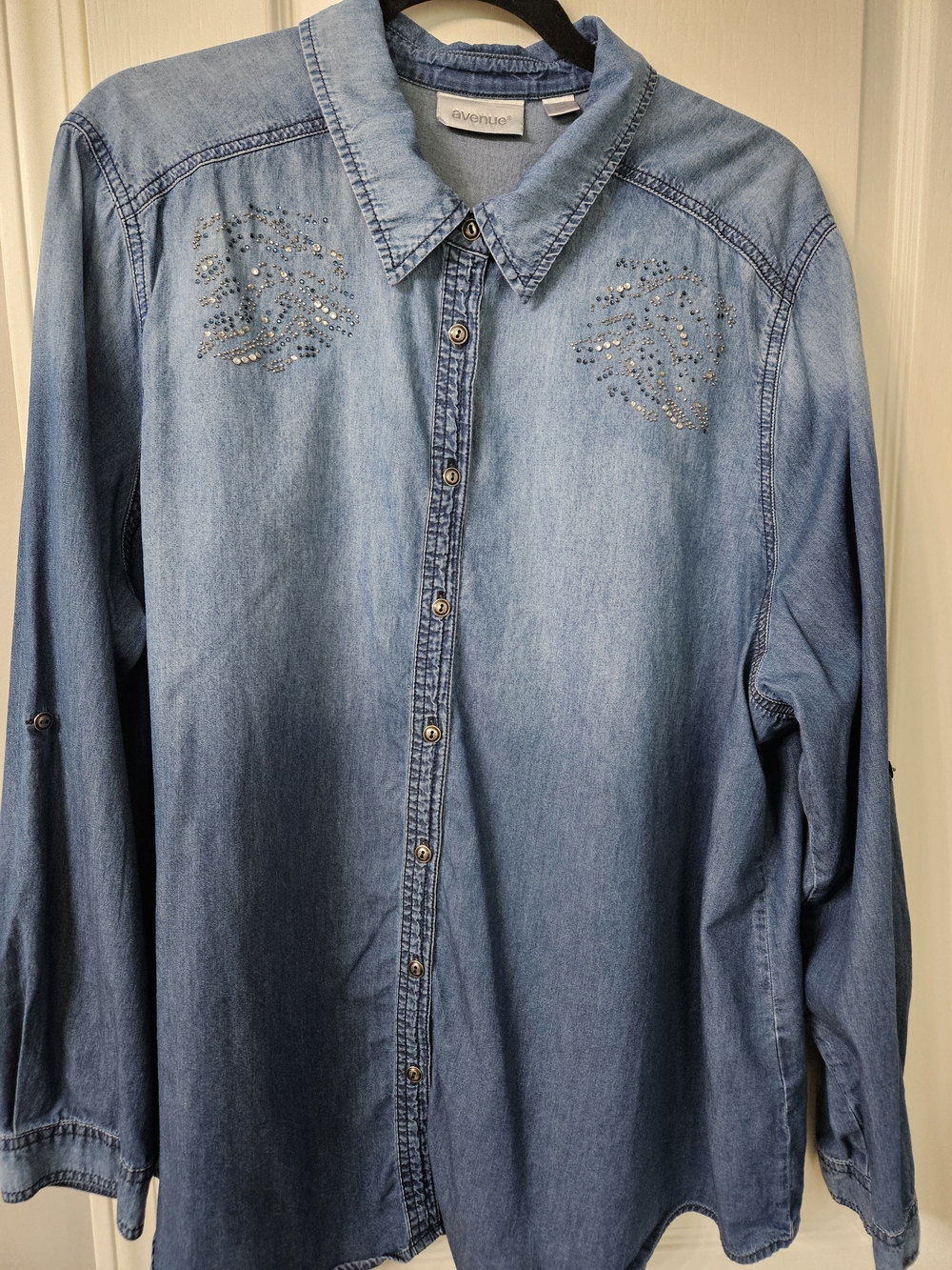 Avenue Light Blue Denim Button-Up Shirt with Rhinestones